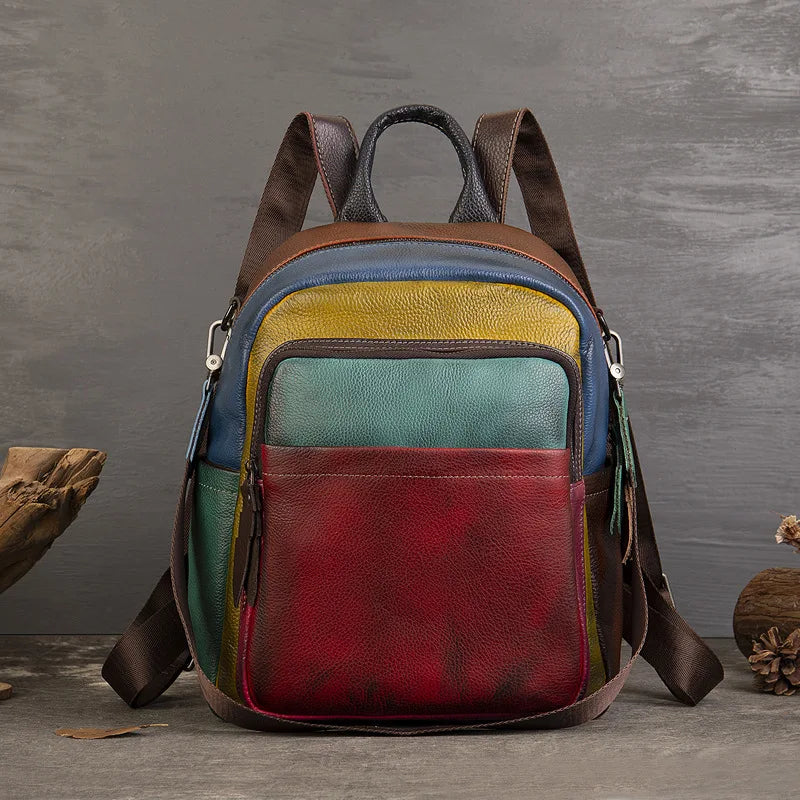 MOTAORA Women's Soft Genuine Leather Backpack Colorblock Large Capacity Travel Bag Stylish Leisure Backpack for Women Designer