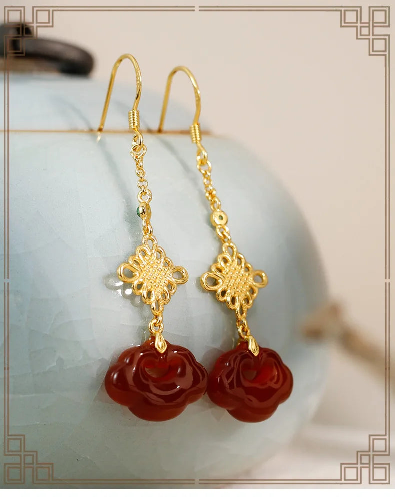 Red Agate Silver Plated Small Flower Good Luck Longevity Lock Agate Earrings Vintage Style for Cheongsam Hanfu Retro Aesthetic