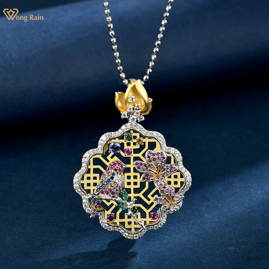 Wong Rain Vintage Solid 925 Sterling Silver Lab Sapphire High Carbon Diamond Gemstone Pendant Necklace Fine Jewelry Wholesale