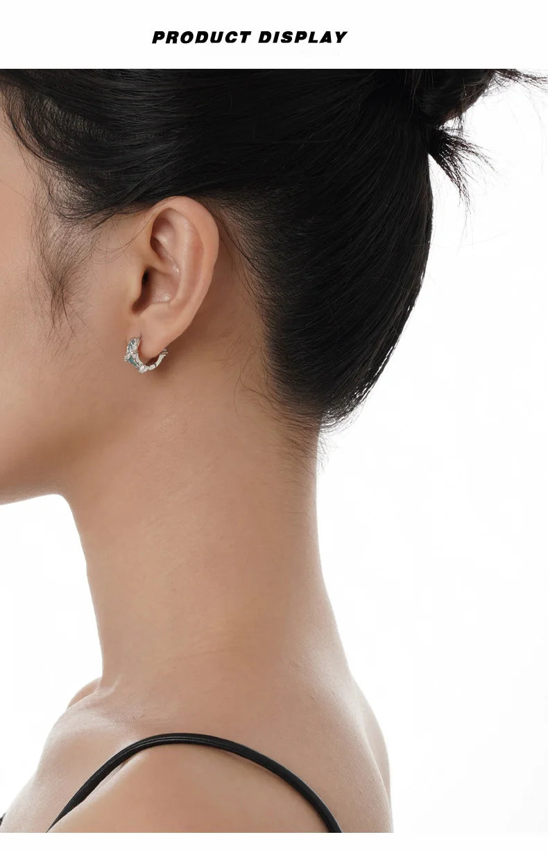 F.I.N.S S925 Sterling Silver Irregular Shaped Hoop Earrings Enamel Zircon Small Piercing Ear Buckles Retro Old Fine Jewelry