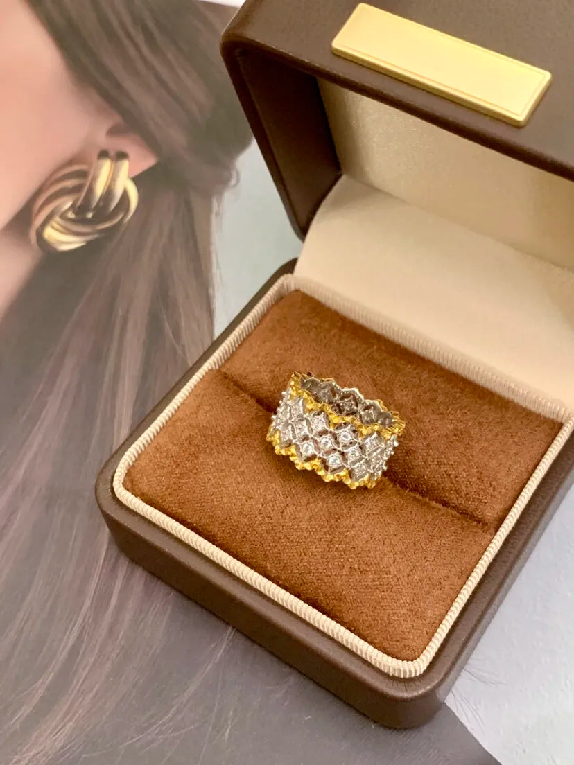 Italian Medieval-style Retro Color-blocked Lace Ring Earrings S925 Silver Gold Plated