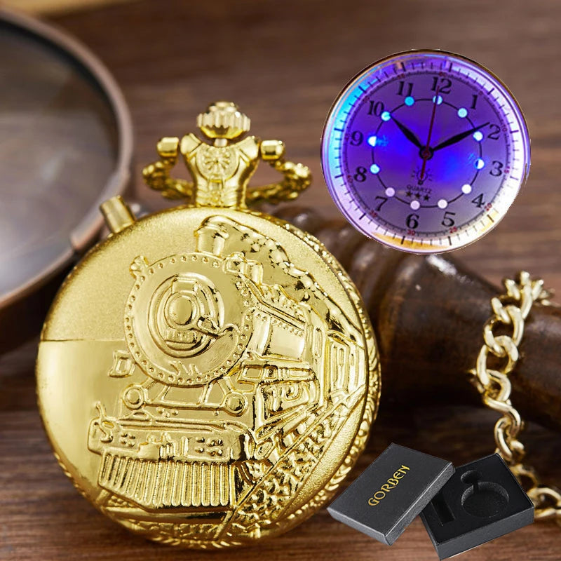 Luminous Blue Led Flash Necklace Vintage Clock Unique Bronze/silver/gold Train Locomotive Engine Noctilucent Quartz Pocket Watch