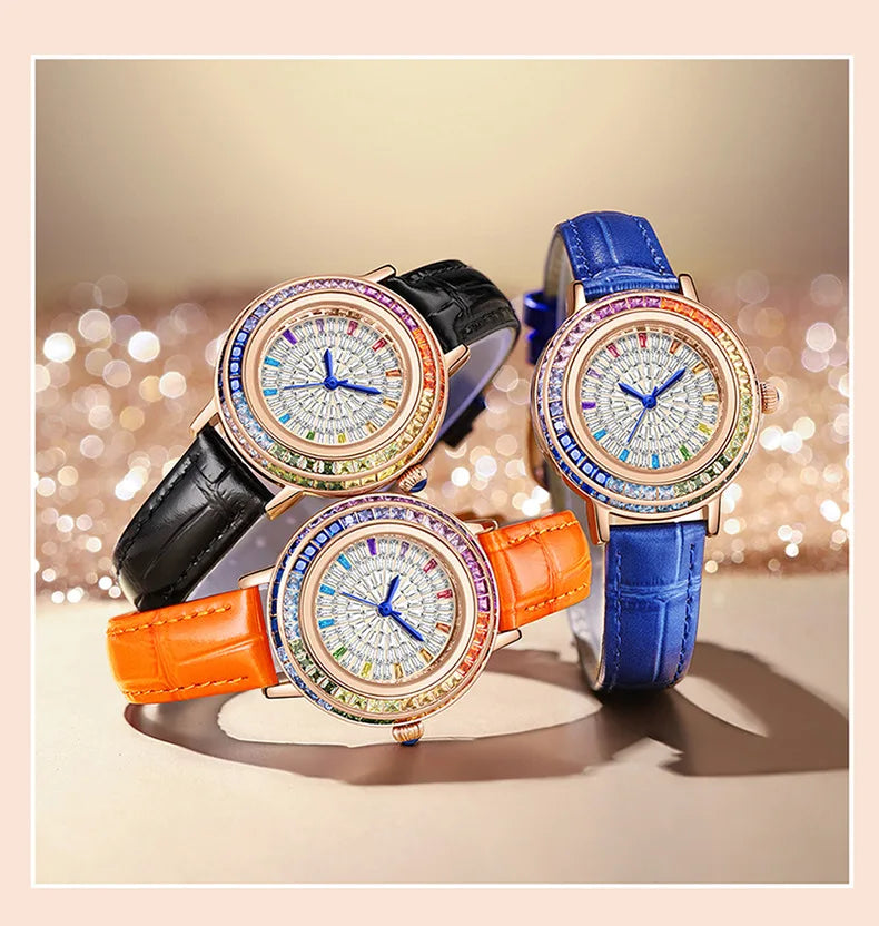 Women Fashion Quartz Watch Light Luxury Brand All Sky Star Leather Strap Diamond Jewelry Crystal Ladies Wristwatches Gift