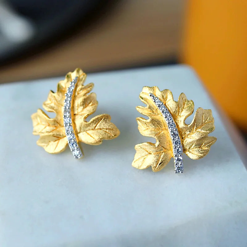 ZOCA Vintage Brushed Craft 925 Sterling Silver Thick Gold Plated Maple Leaf Stud Earrings Elegant Daily Wear Women Gift Jewelry
