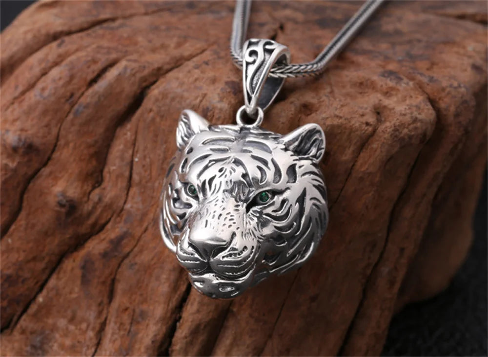 S925 Sterling Silver Charms Pendants for Women Men New Fashion Hollow Retro 3D Tiger Head Zircon Eyes Punk Jewelry Wholesale