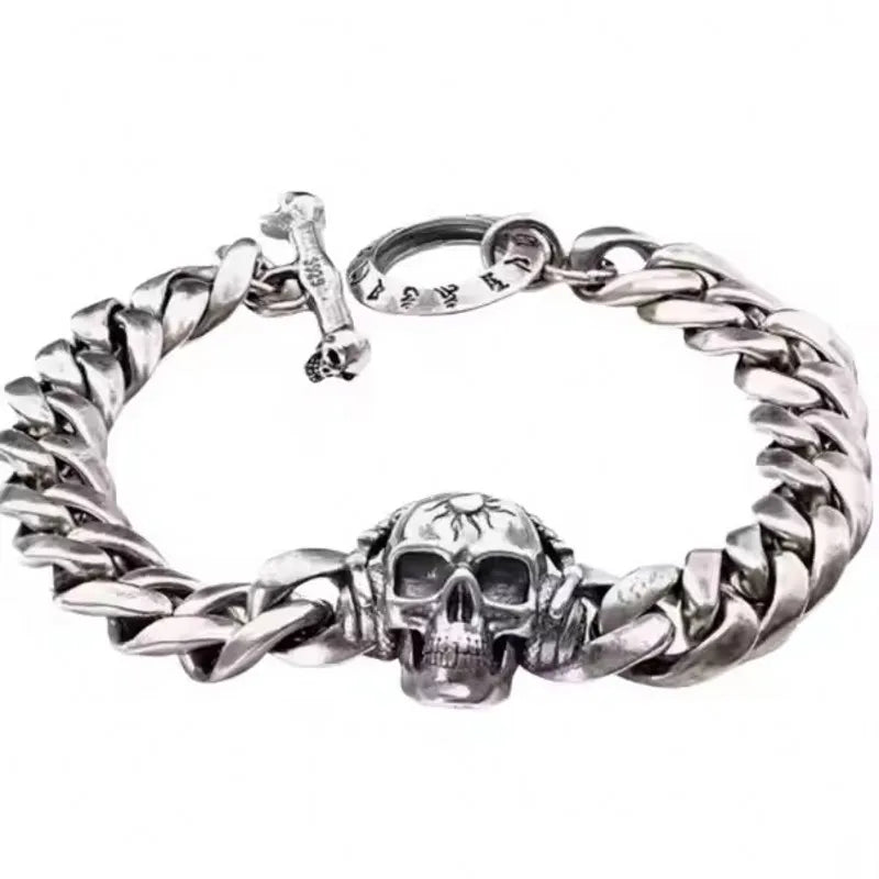 BOCAI Retro Style S925 Sterling Silver with Pattern Trendy Personalized Skull Bracelet for Men