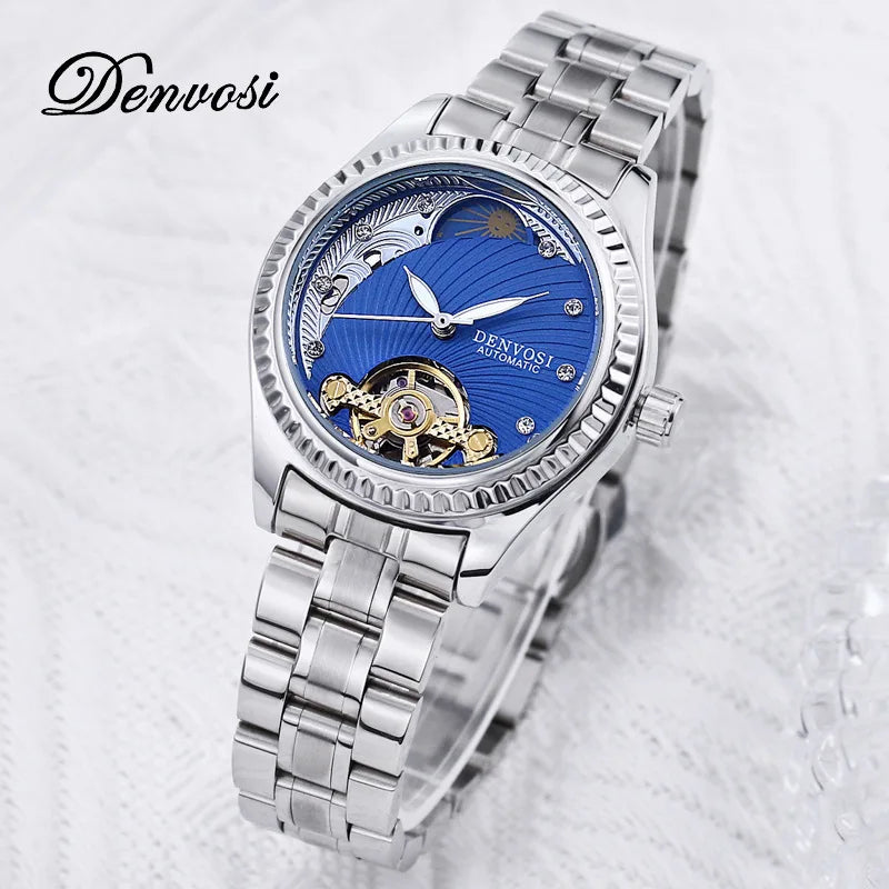 Ladies Flywheel double hollowed luxury fashion casual luminous leather watch with automatic mechanical waterproof wristwatch