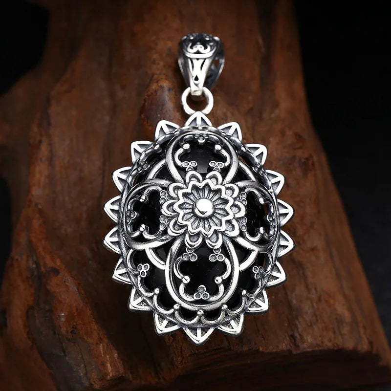 925 Sterling Silver Flower Pendant Thai Silver Antique Finish Vintage Boho Chic Jewelry