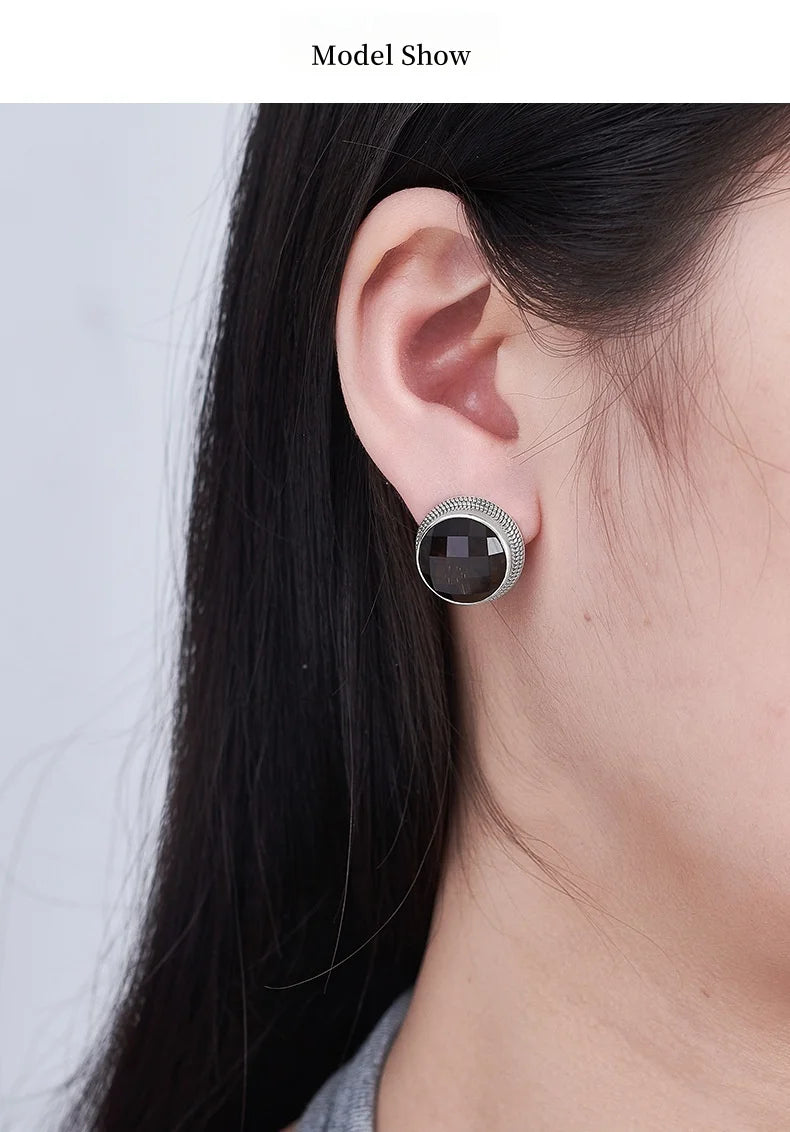 S925 Sterling Silver Studs Earring for Women Retro Edging Tangent Plane Smoky Quartz Ear Studs Fashion Classic Jewelry Wholesale