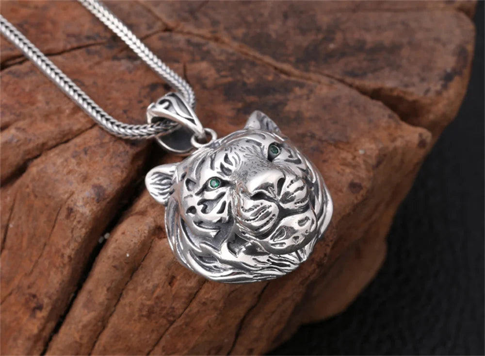 S925 Sterling Silver Charms Pendants for Women Men New Fashion Hollow Retro 3D Tiger Head Zircon Eyes Punk Jewelry Wholesale