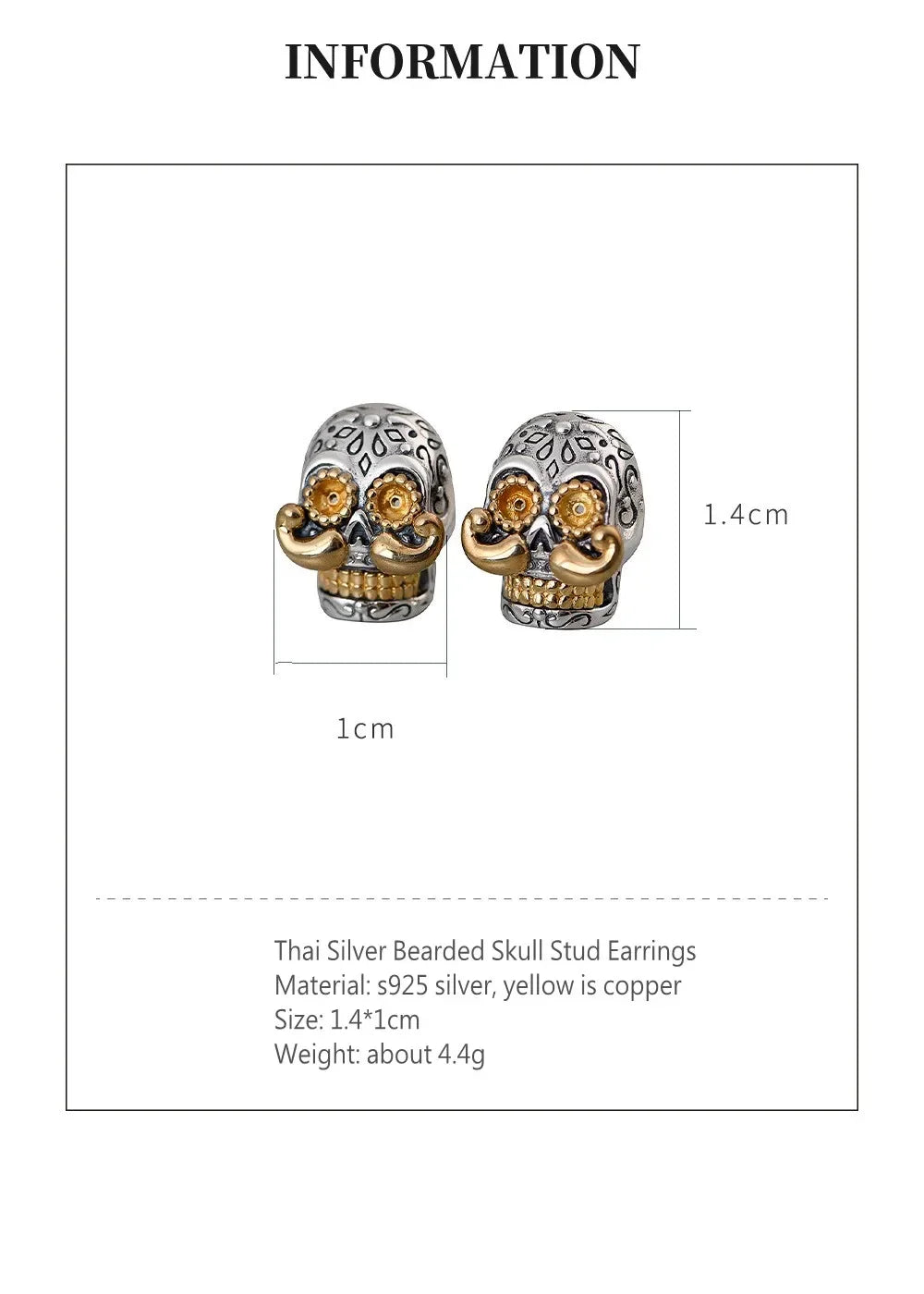Real S925 Silver Jewelry Retro Thai Fashion Punk Style Long Beard Skull Earrings for Men