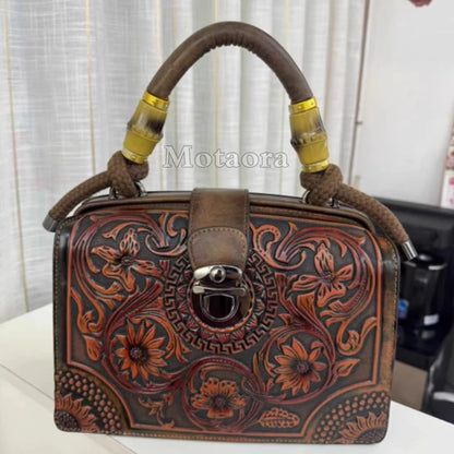 Motaora New Embossed Shoulder Bag For Women's 2025 Vintage Handmade Handbag Female PU Leather Big Capacity Crossbody Bags Purse