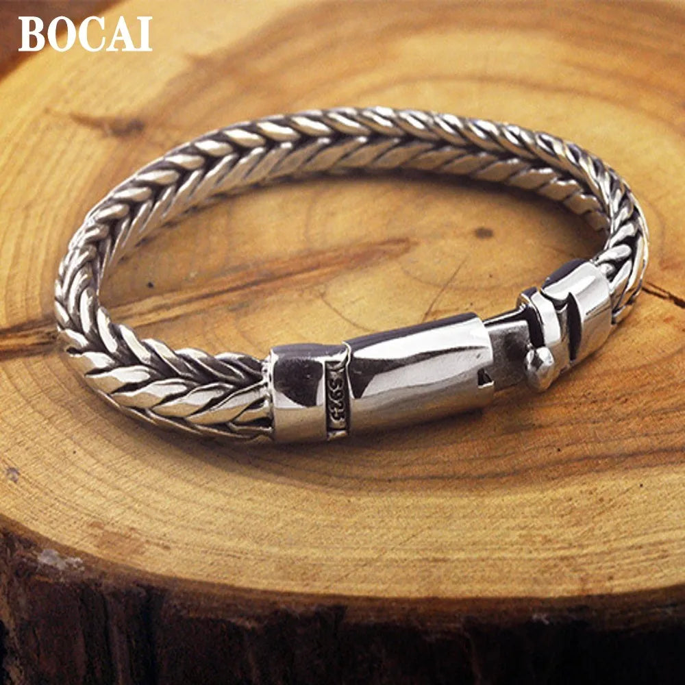 BOCAI New Real Solid S925 Pure Silver Hand Woven Vintage Mighty  Men Bracelet Birthday Gift