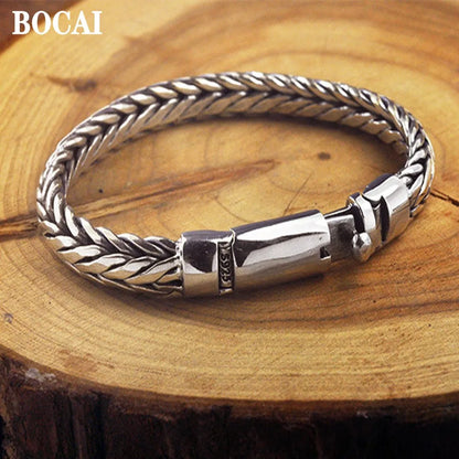 BOCAI New Real Solid S925 Pure Silver Hand Woven Vintage Mighty  Men Bracelet Birthday Gift