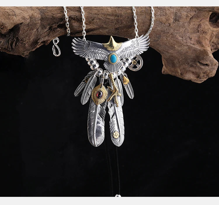 S925 Silver Bridge Feather Eagle Indian Trendy Necklace Female Sweater Chain Hip Hop Men's Pendant