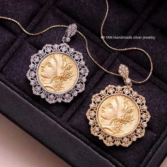 Goddess of Harvest Ancient Coin Pendant 925 Silver Gold-Plated Diamond Inlaid Luxury Vintage Portrait Necklace