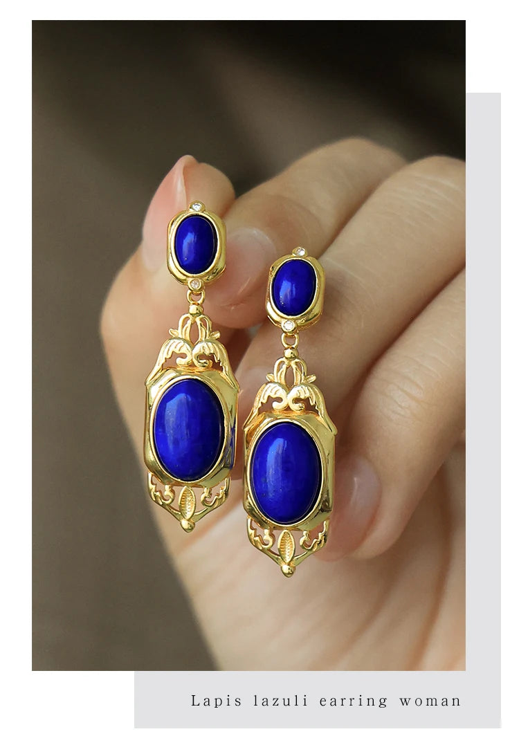 Natural Lapis Lazuli Earrings S925 Sterling Silver Gold-plated Retro French High-end Niche Blue Classical Earrings