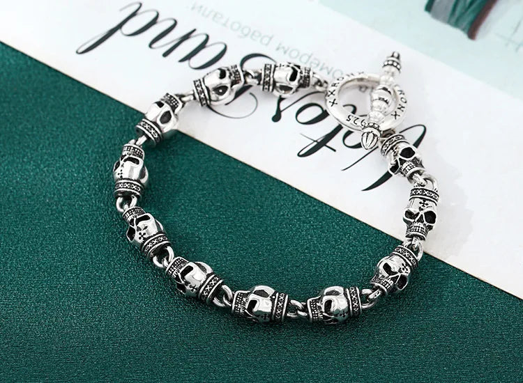 S925 sterling silver bracelet men thick skull heavy industry thai silver retro distressed punk trendystylish jewelry