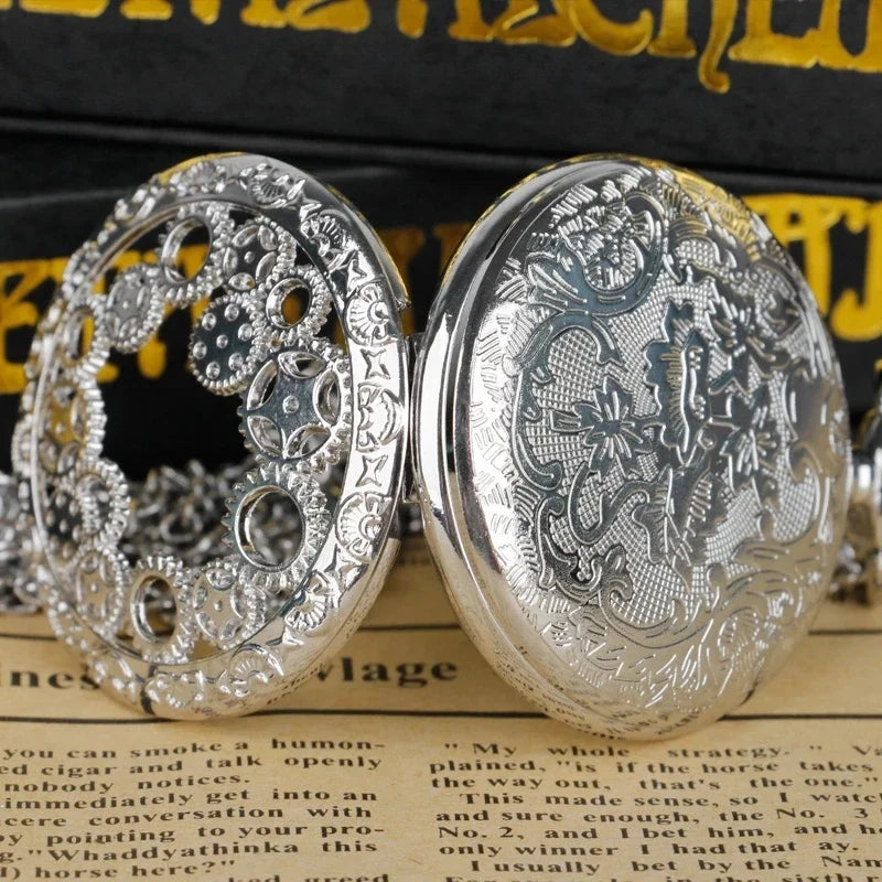 Classic Vintage Pinion Hollow Engraved Quartz Pocket Watch Flip White Dial Arabic Numerals Necklace Pendant Clock Jewelry Gift