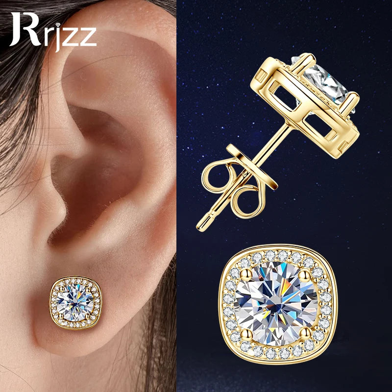 Rrjzz Classic Square 1CT Moissanit Women Earrings with Certificate 925 Sterling Silver Vintage Stud Ear for Wedding Fine Jewelry
