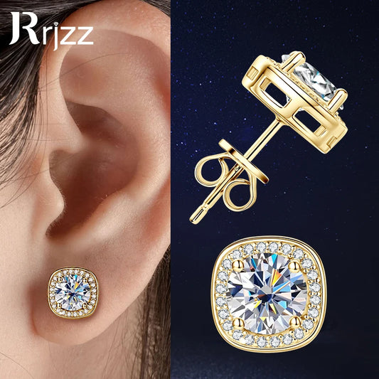 Rrjzz Classic Square 1CT Moissanit Women Earrings with Certificate 925 Sterling Silver Vintage Stud Ear for Wedding Fine Jewelry