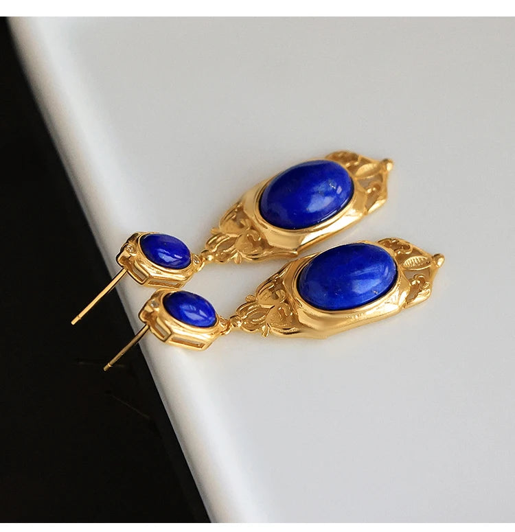 Natural Lapis Lazuli Earrings S925 Sterling Silver Gold-plated Retro French High-end Niche Blue Classical Earrings