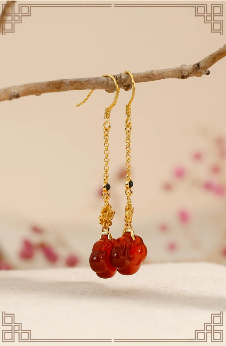 Red Agate Silver Plated Small Flower Good Luck Longevity Lock Agate Earrings Vintage Style for Cheongsam Hanfu Retro Aesthetic