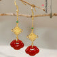 Red Agate Silver Plated Small Flower Good Luck Longevity Lock Agate Earrings Vintage Style for Cheongsam Hanfu Retro Aesthetic