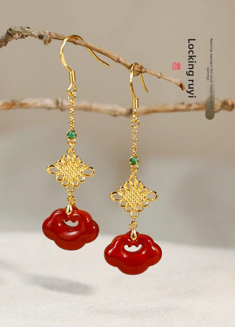 Red Agate Silver Plated Small Flower Good Luck Longevity Lock Agate Earrings Vintage Style for Cheongsam Hanfu Retro Aesthetic