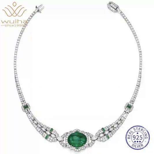 WUIHA Vintage 100% 925 Sterling Silver Lab Sapphire Emerald High Carbon Diamonds Gemstone Cocktail Pendant Necklace Fine Jewelry