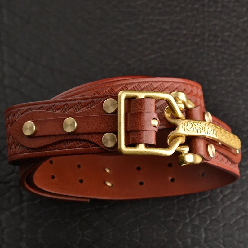 Cavalry genuine copper buckle belt, hand strap Cavalry men's casual pants belt 100% cowhide genuine leather men's denim belt