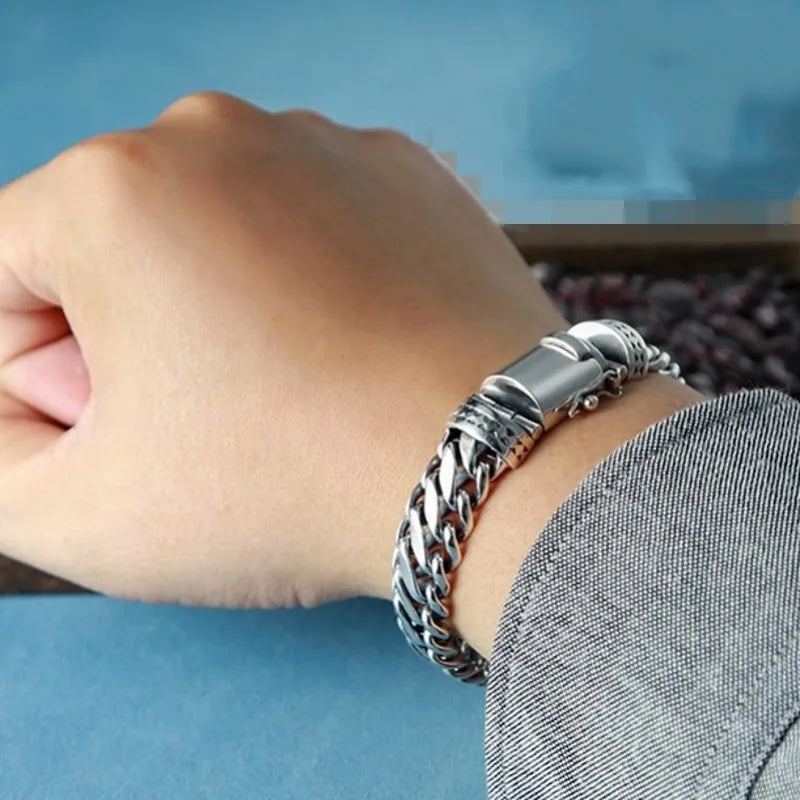 BOCAI New S925 Silver Domineering Bold Style Half Round Pattern Bolt Lock Men's Bracelet Personalized Trend Punk Hip-Hop Jewelry