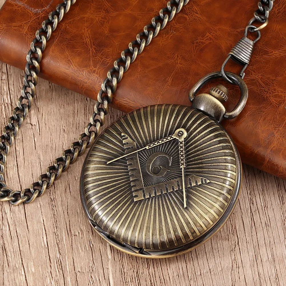 Steampunk Bronze/Gold Freemason Symbol Quartz Pocket Watch Fob Chain Pendant Clock High Grade Antique Pocket Timepiece Gifts