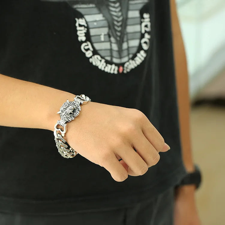 Ethnic style punk 925 sterling silver men's domineering tiger head bracelet wide face personalized trendy vine pattern vintage b
