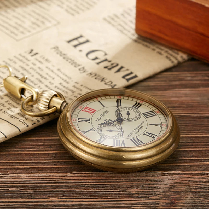 Antique Copper London 1856's Antique 5 Hands Mechanical Pocket & Fob Watches Hand Winding Skeleton Mens Pocket Watch 30Cm Chain