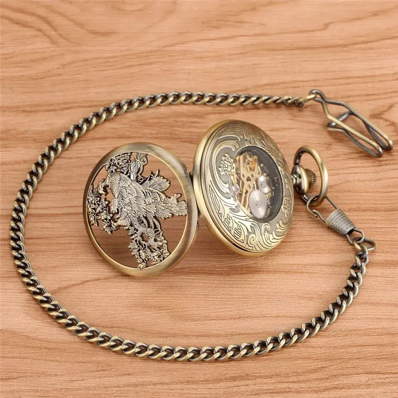 Antique Vintage Phoenix Half Hunter Clock Mechanical Hand Winding Pocket Watch for Men Women Roman Number Skeleton Fob Chain