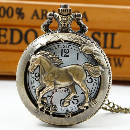 Antique Animal Series Racing Hollow Quartz Pocket Watch Vintage Dial with Chain Necklace Pendant Jewelry Clock Festival Gifts