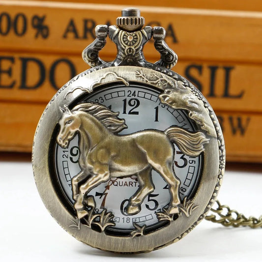 Antique Animal Series Racing Hollow Quartz Pocket Watch Vintage Dial with Chain Necklace Pendant Jewelry Clock Festival Gifts