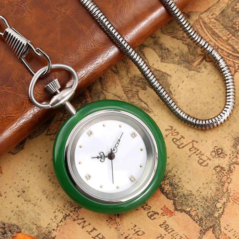 Minimalist Retro Green/White Jade Quartz Pocket Watch Silver Snake Pocket Chain Pendant Antique Pocket Clock Gift Men Women