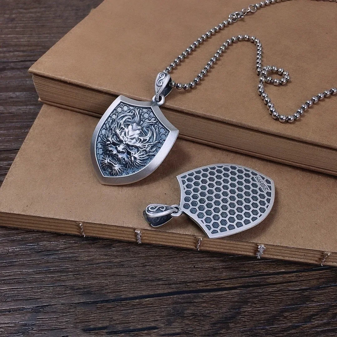 New S999 Sterling Silver Personality Retro Domineering Hip-hop Lion Tiger Head Eagle Faucet Shield Pendant Man.