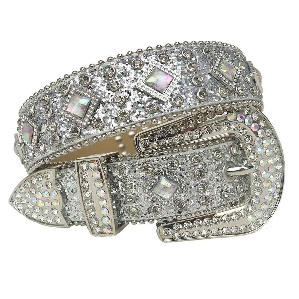 Silver Men Women Unisex Red Big AB Stones Western Cowboy Rhinestone Belt Studded Diamond Punk Belt