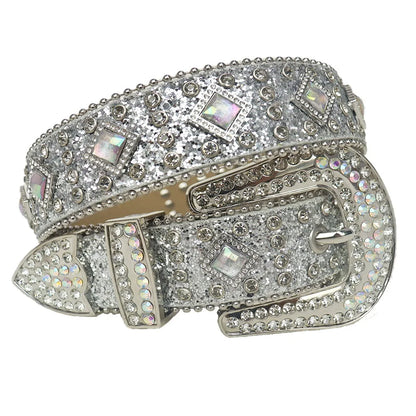 Silver Men Women Unisex Red Big AB Stones Western Cowboy Rhinestone Belt Studded Diamond Punk Belt