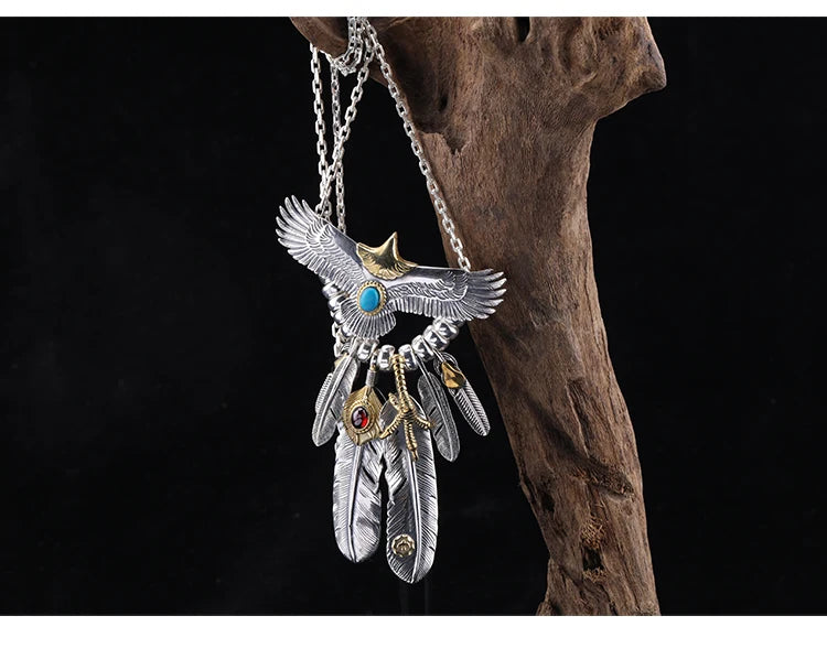 S925 Silver Bridge Feather Eagle Indian Trendy Necklace Female Sweater Chain Hip Hop Men's Pendant