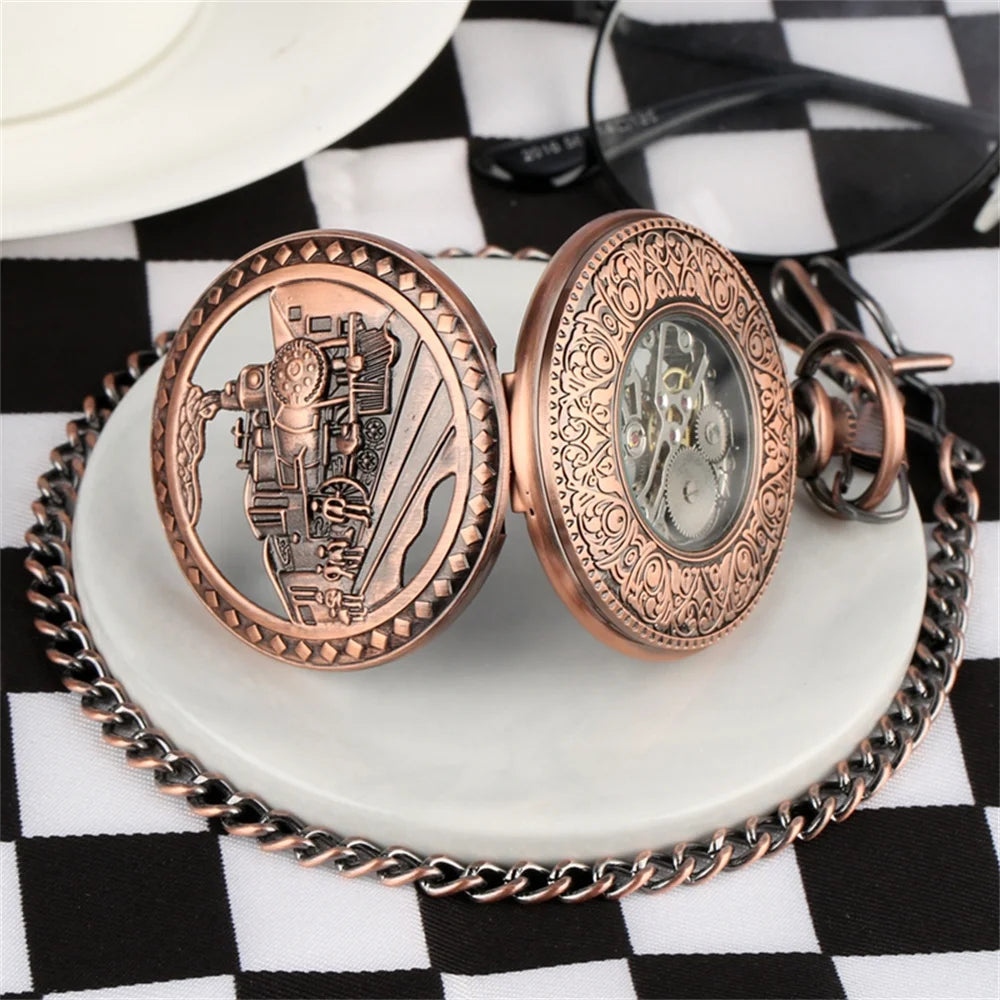 Steampunk Vintage Train Pattern Mechanical Hand-wind Pocket Watch Red Copper Pendant Antique Clock Manual Mechanism Timepiece