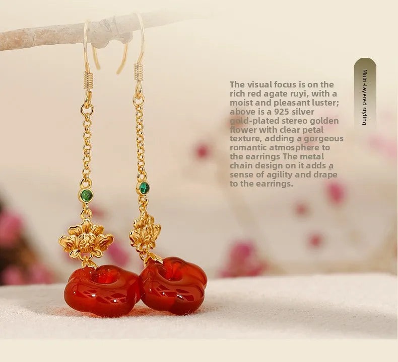 Red Agate Silver Plated Small Flower Good Luck Longevity Lock Agate Earrings Vintage Style for Cheongsam Hanfu Retro Aesthetic