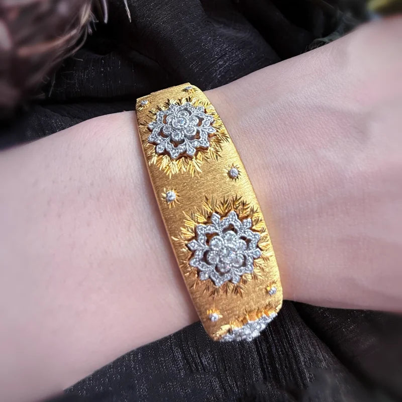 BELLUX S925 Silver Plated K Gold Vintage Texture-Engraved Gold Hollow Wide Fine Jewelry Open Bracelet
