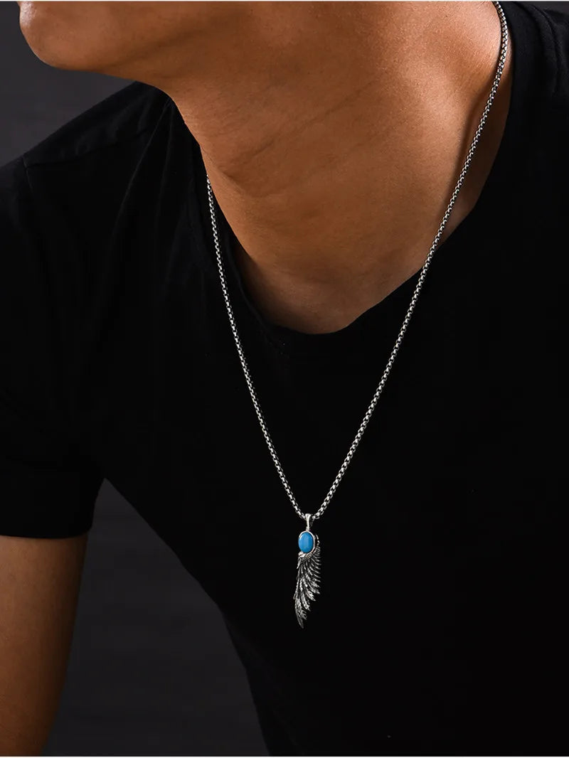 Necklace Pendant Pure 925 Sterling Silver Feather Blue Turquoise Luxury Brand Fine Jewelry Women Men 2024 New Christmas Gift P19