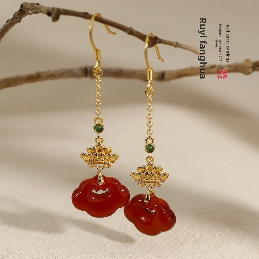 Red Agate Silver Plated Small Flower Good Luck Longevity Lock Agate Earrings Vintage Style for Cheongsam Hanfu Retro Aesthetic