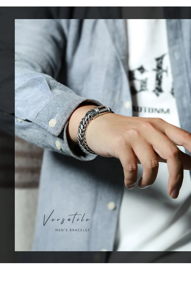 BOCAI New S925 Silver Domineering Bold Style Half Round Pattern Bolt Lock Men's Bracelet Personalized Trend Punk Hip-Hop Jewelry