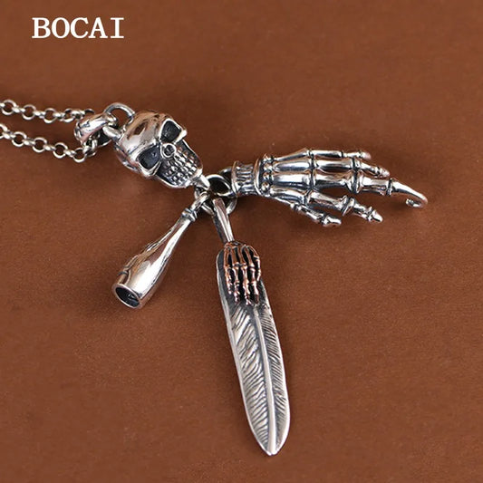 BOCAI New S925 Silver Retro Personalized Trendy Hip Hop Skull Feather Bone Claw Bowling Bottle Men's Pendant